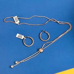 14K Strand Necklace CZ long adjustable necklace & Inside Out Hoop Earrin…